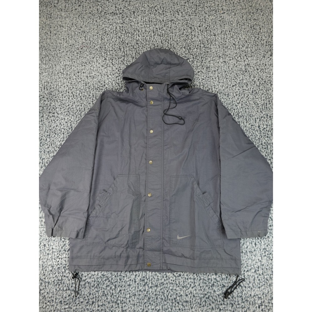 Nike Windbreaker Parka Jacket Mens L Gray Vintage Hooded Nylon Snap Full Zip